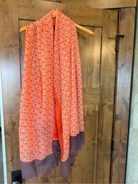 India Hicks Orange Patterned Scarf with Purple Border